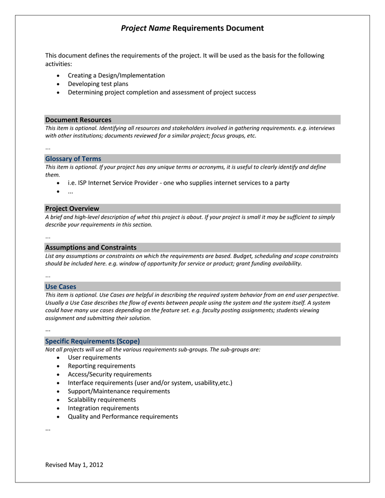 Project Requirements Template Regarding Reporting Requirements Template