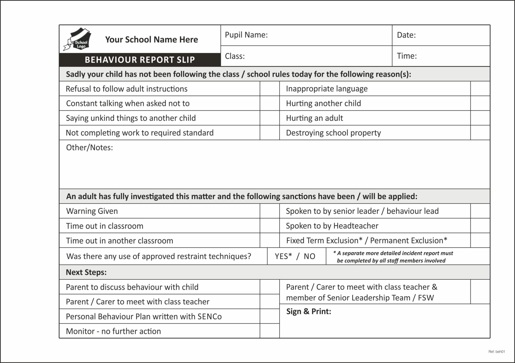 Pupil Behaviour Record Form Books For Schools – Primary For Behaviour Report Template