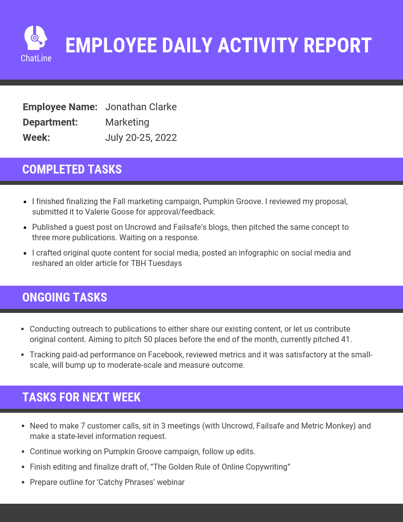 Purple Employee Daily Activity Report Template For Employee Daily Report Template