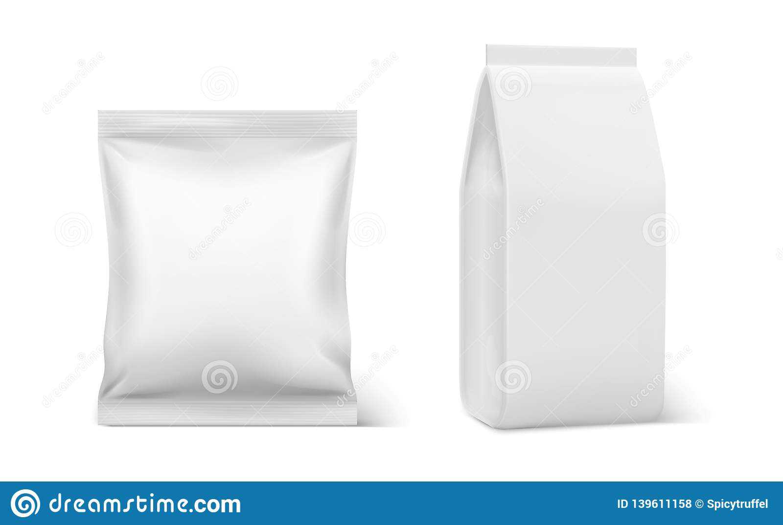 Realistic Pillow Pack. Coffee Doy Blank Mockup, Plastic For Blank Packaging Templates
