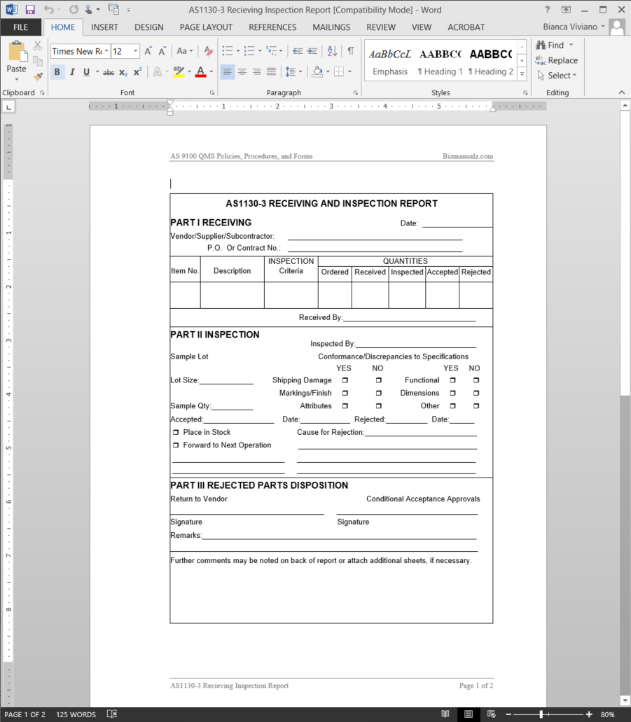 Receiving Inspection Report As9100 Template | As1130 3 Inside Part Inspection Report Template