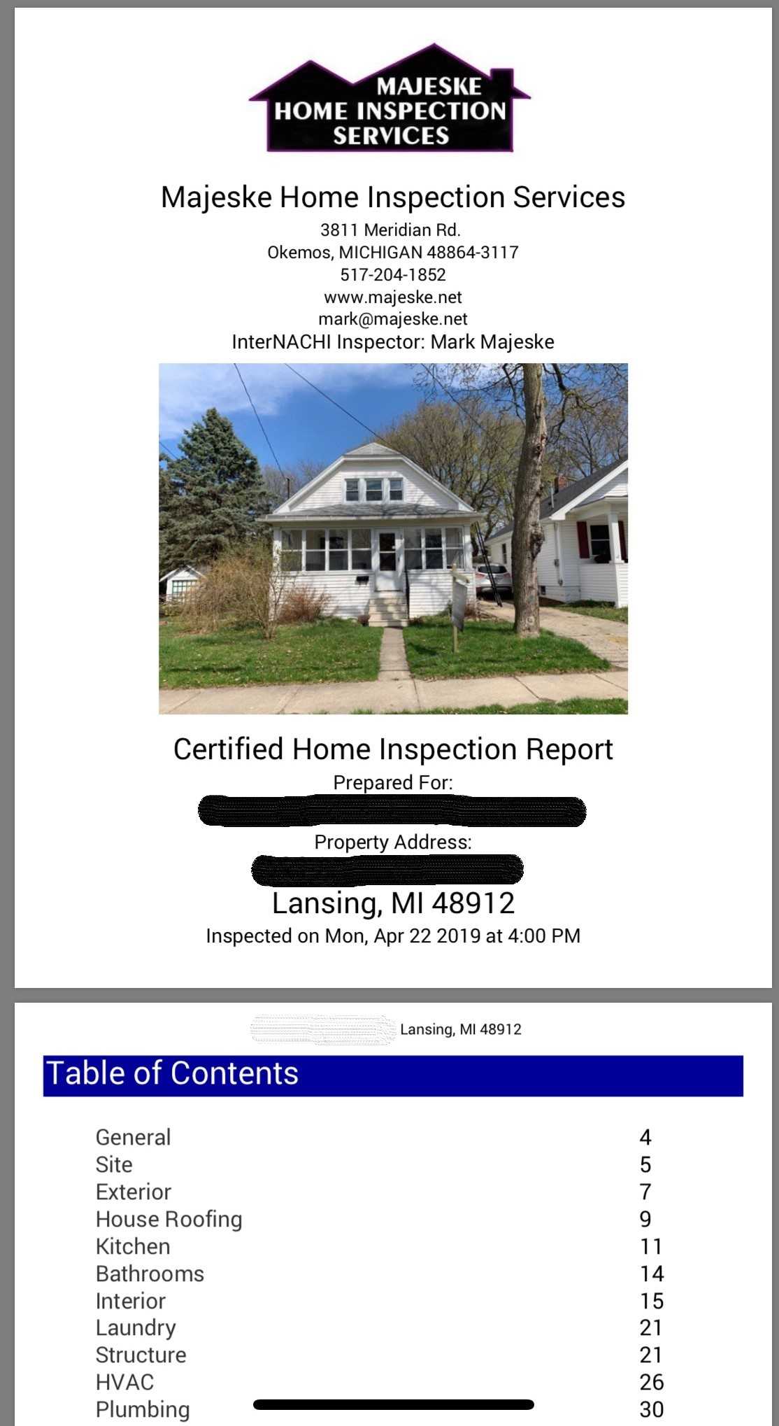 Sample Inspection Report, Lansing, Mi Within Home Inspection Report Template Pdf