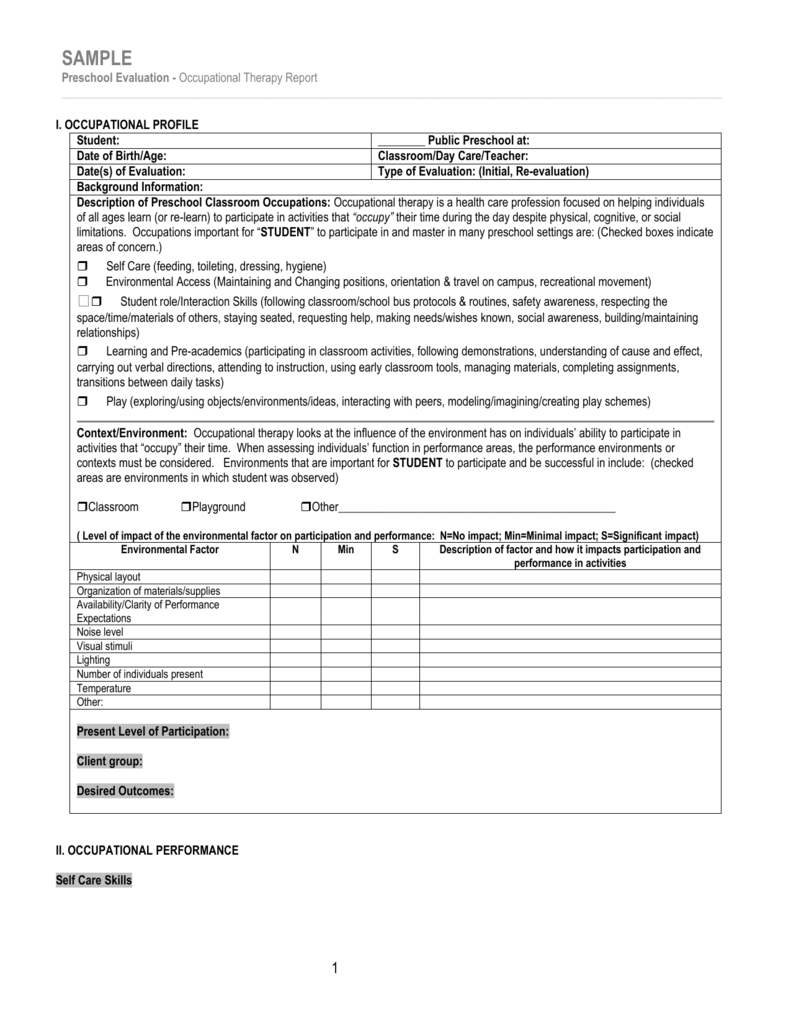 Sample/template For Occupational Therapy Preschool Evaluation Intended For Template For Evaluation Report