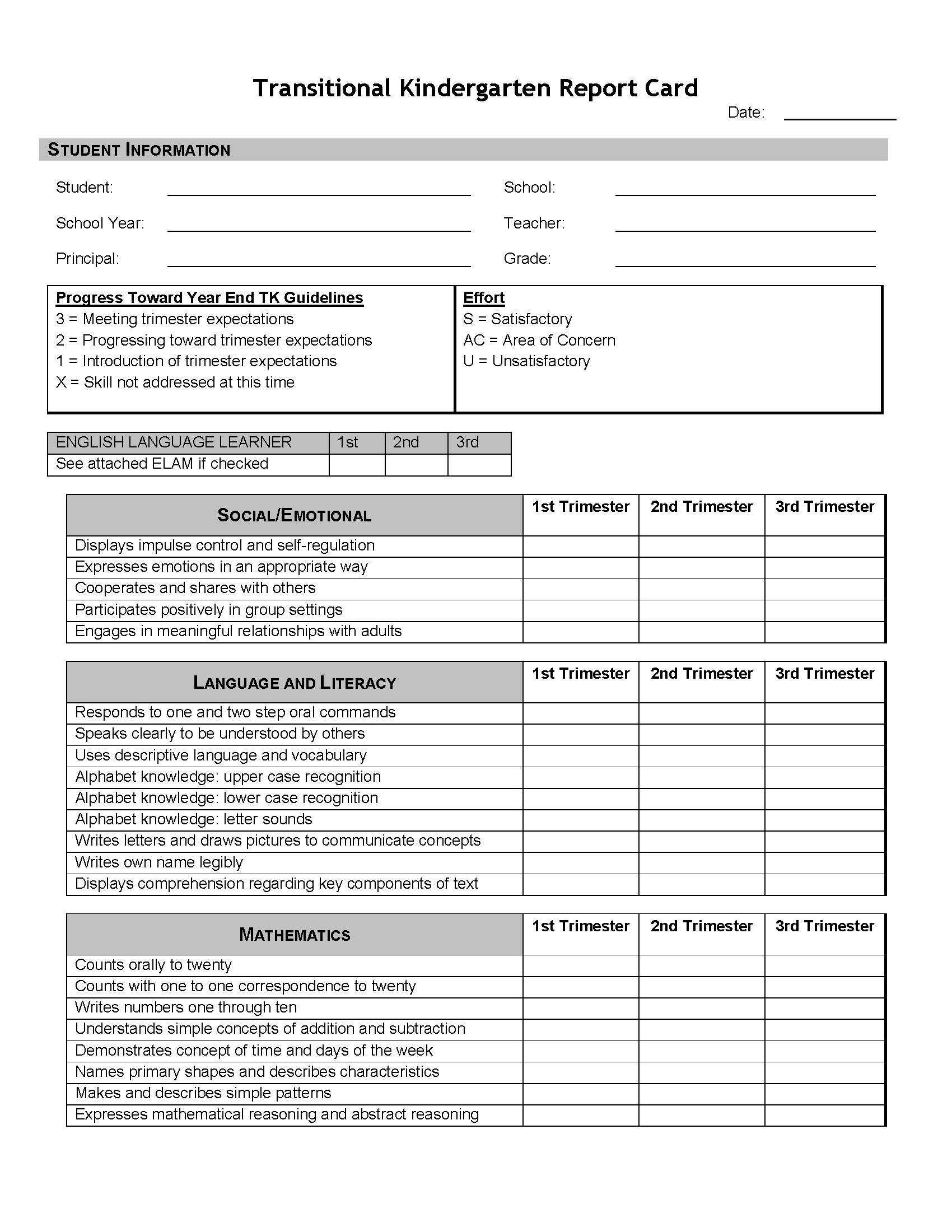 Sample Transitional Kindergarten Report Card | California In Kindergarten Report Card Template