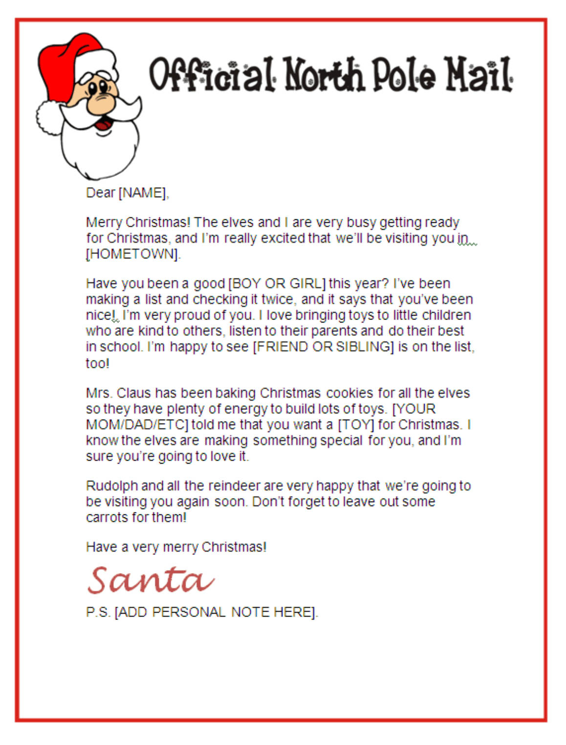 Santa Letter Stationary - Official North Pole Mail Inside Letter From Santa Template Word