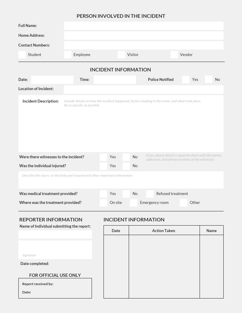 Simple Light Incident Report Template Within Report Requirements Document Template