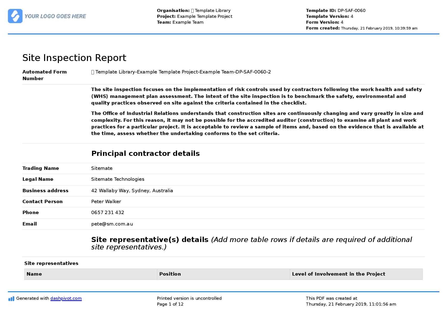 Site Inspection Report: Free Template, Sample And A Proven Pertaining To Daily Inspection Report Template