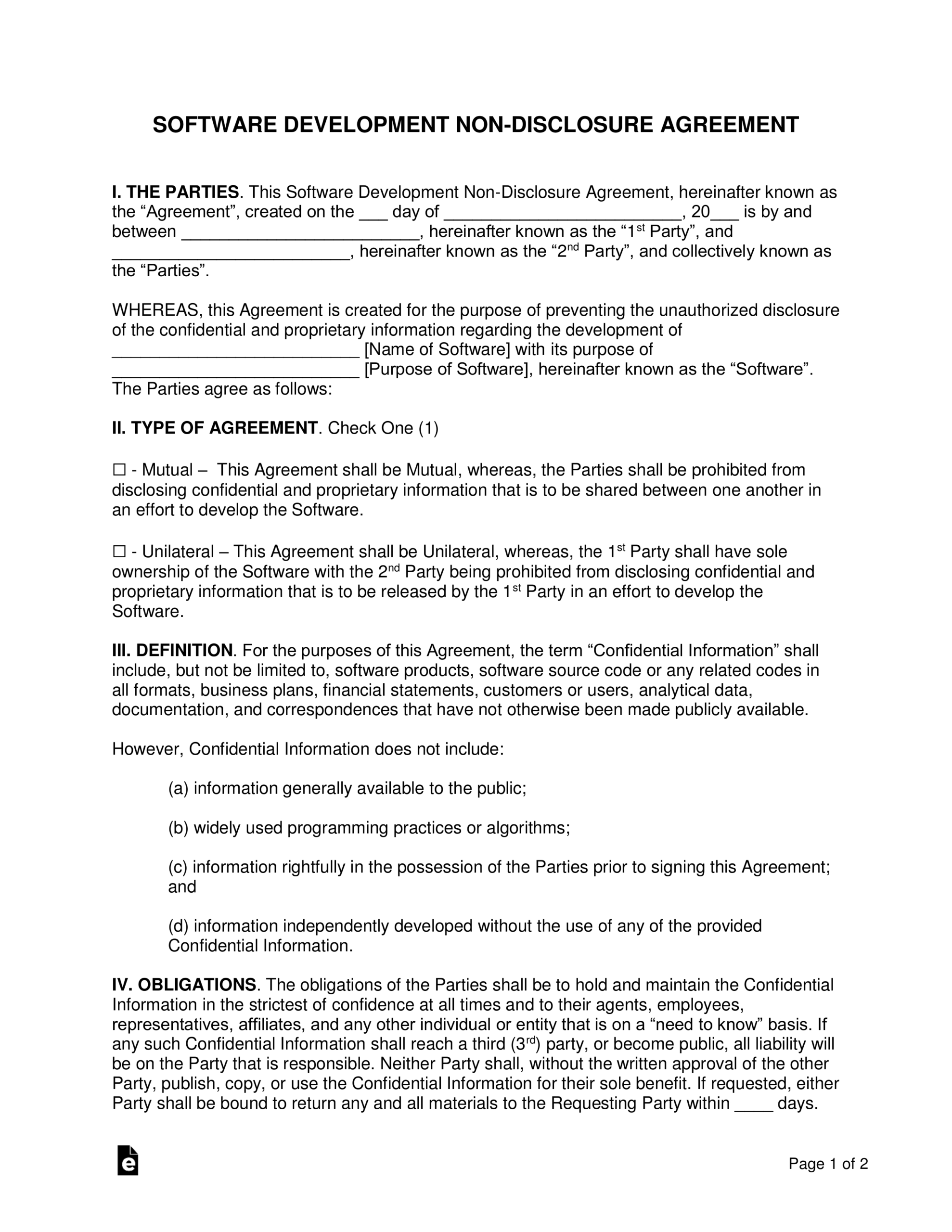 Software Development Non Disclosure Agreement (Nda) Template In Nda Template Word Document