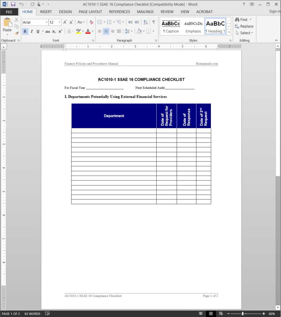 Ssae 16 Compliance Checklist Template | Ac1010 1 In Ssae 16 Report Template