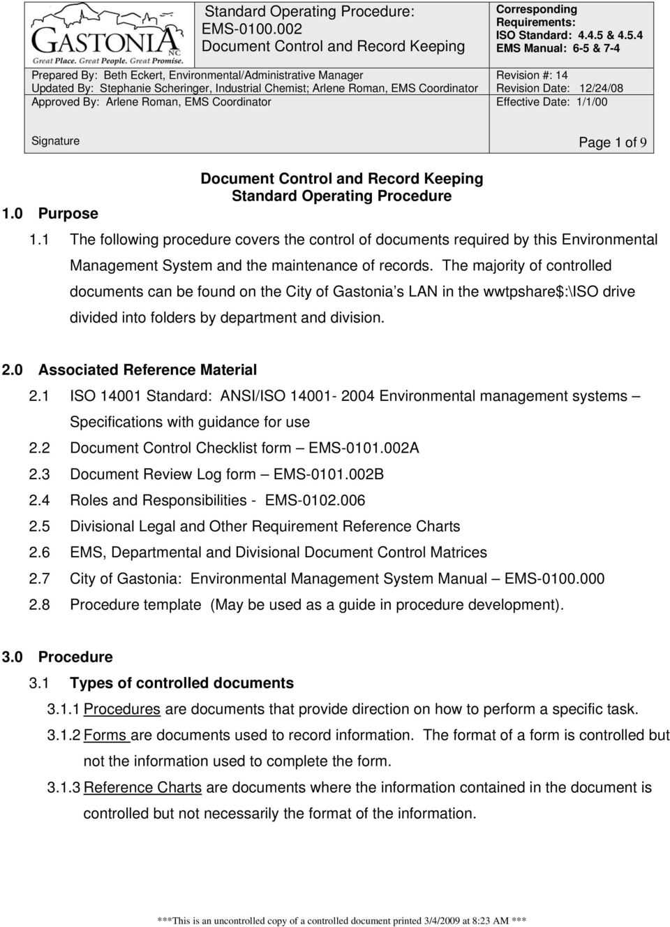 Standard Operating Procedure: Ems Document Control And Regarding Free Standard Operating Procedure Template Word 2010