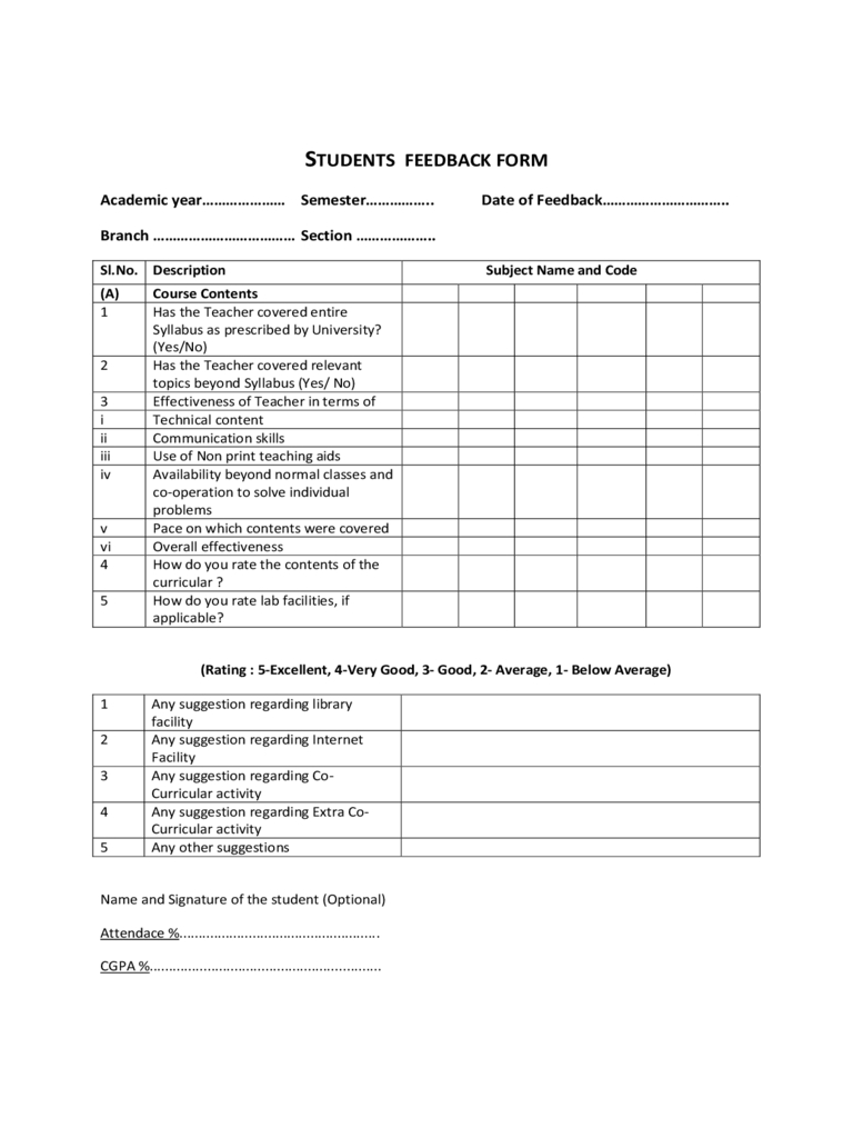 Students Feedback Form - 2 Free Templates In Pdf, Word Within Student Feedback Form Template Word