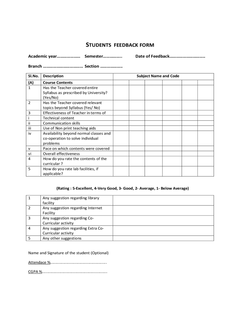 Students Feedback Form – 2 Free Templates In Pdf, Word Within Student Feedback Form Template Word