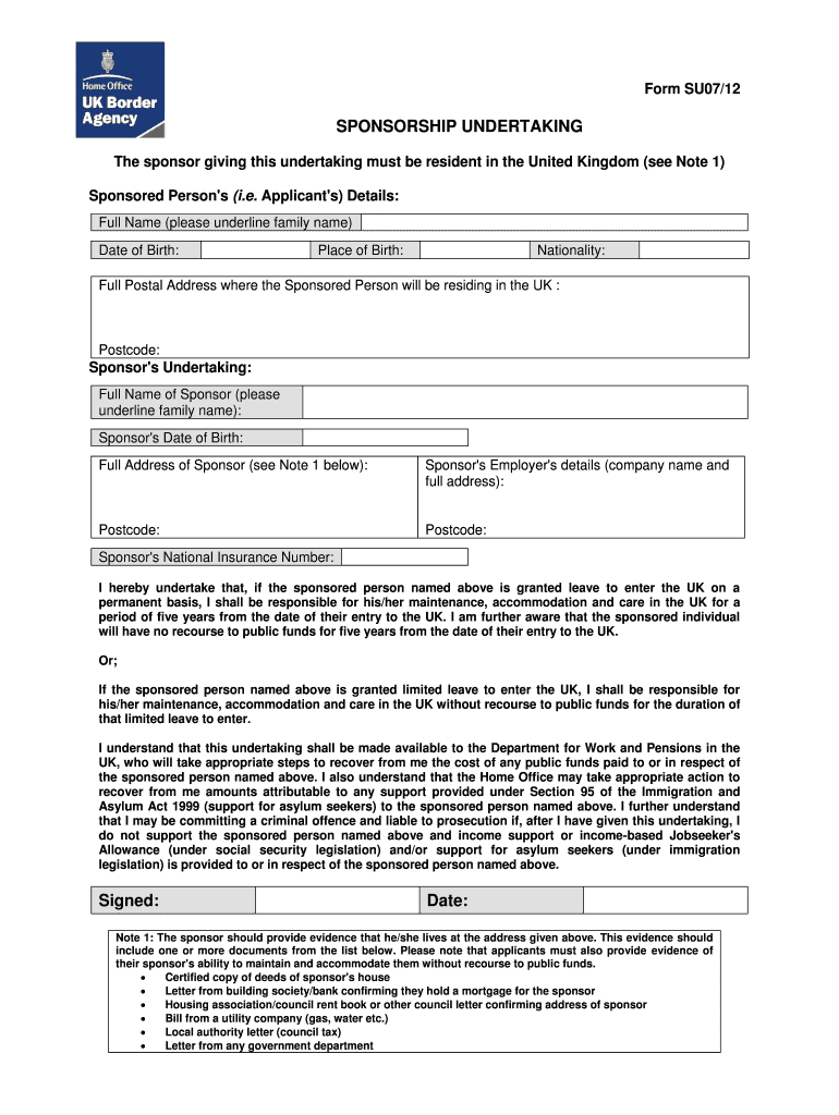 Su07 12 Sponsorship Undertaking Form – Fill Online Intended For Blank Sponsor Form Template Free