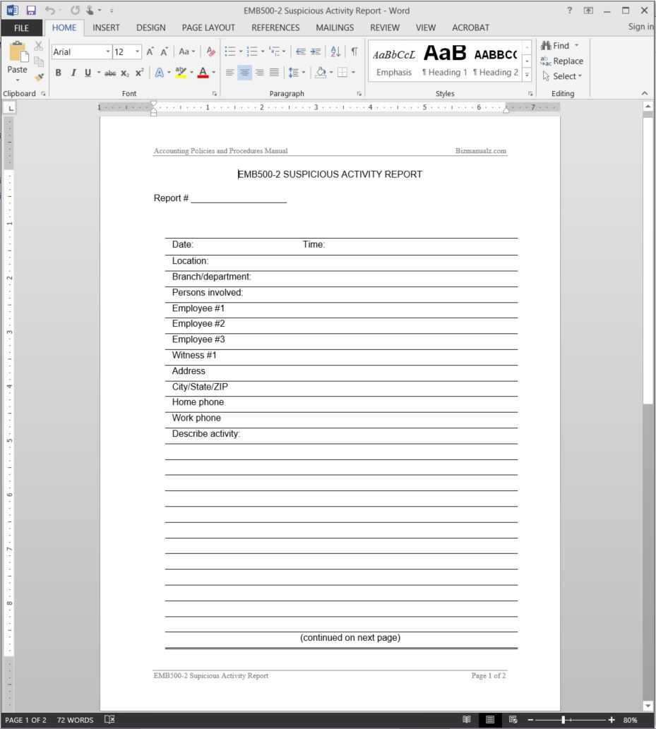 Suspicious Activity Report Template | Emb500 2 Regarding Activity Report Template Word