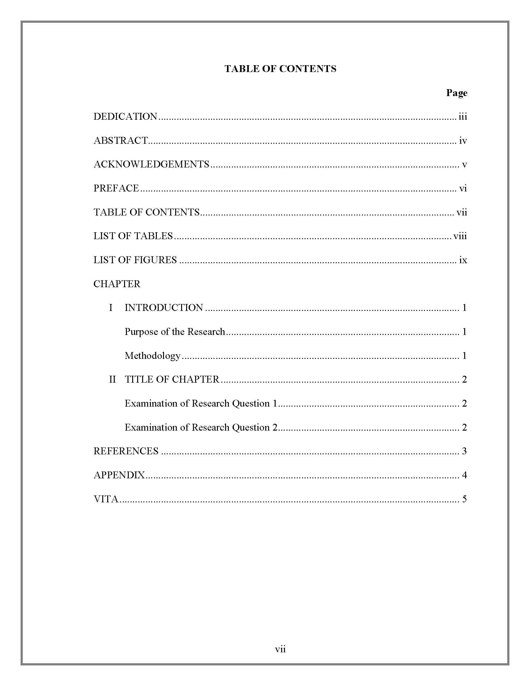 Table Of Contents - Thesis And Dissertation - Research Regarding Report Content Page Template
