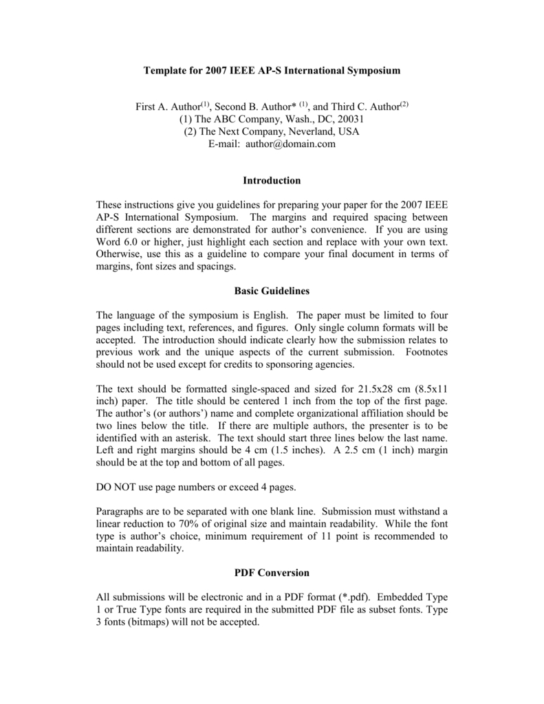 Template For 2005 Ieee Ap S International Symposium Within Ieee Template Word 2007