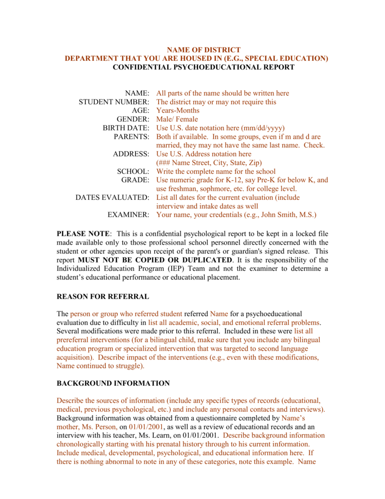 Template For A Bilingual Psychoeducational Report For School Psychologist Report Template