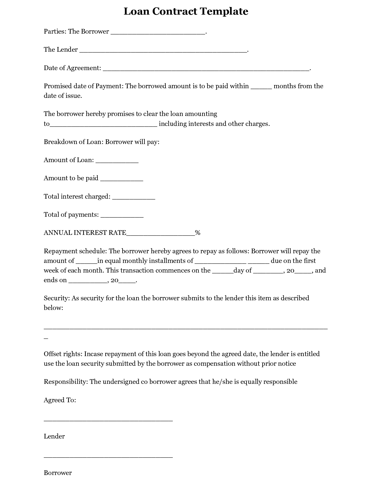 Terrific Blank Loan Contract Or Agreement Template Sample Inside Blank Loan Agreement Template