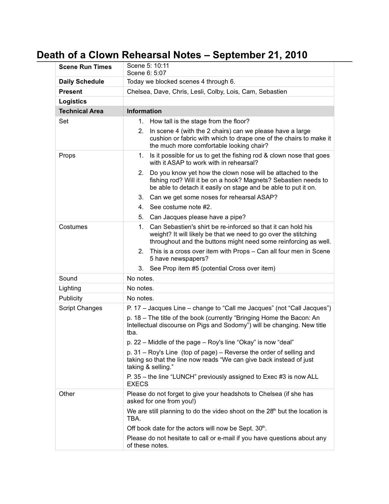 The Sm Prompt Book: Show Bible Pt. 2 – Lois Backstage Throughout Rehearsal Report Template