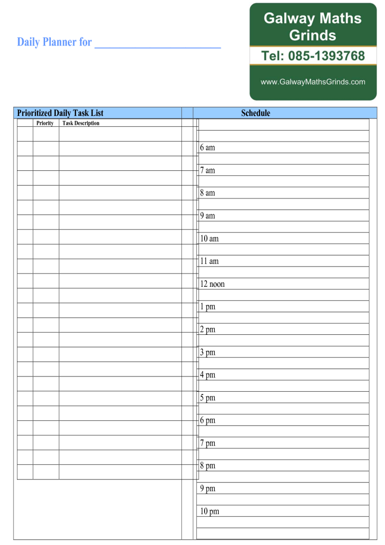 Time Table Templates | Galway Maths Grinds For Blank Revision Timetable Template