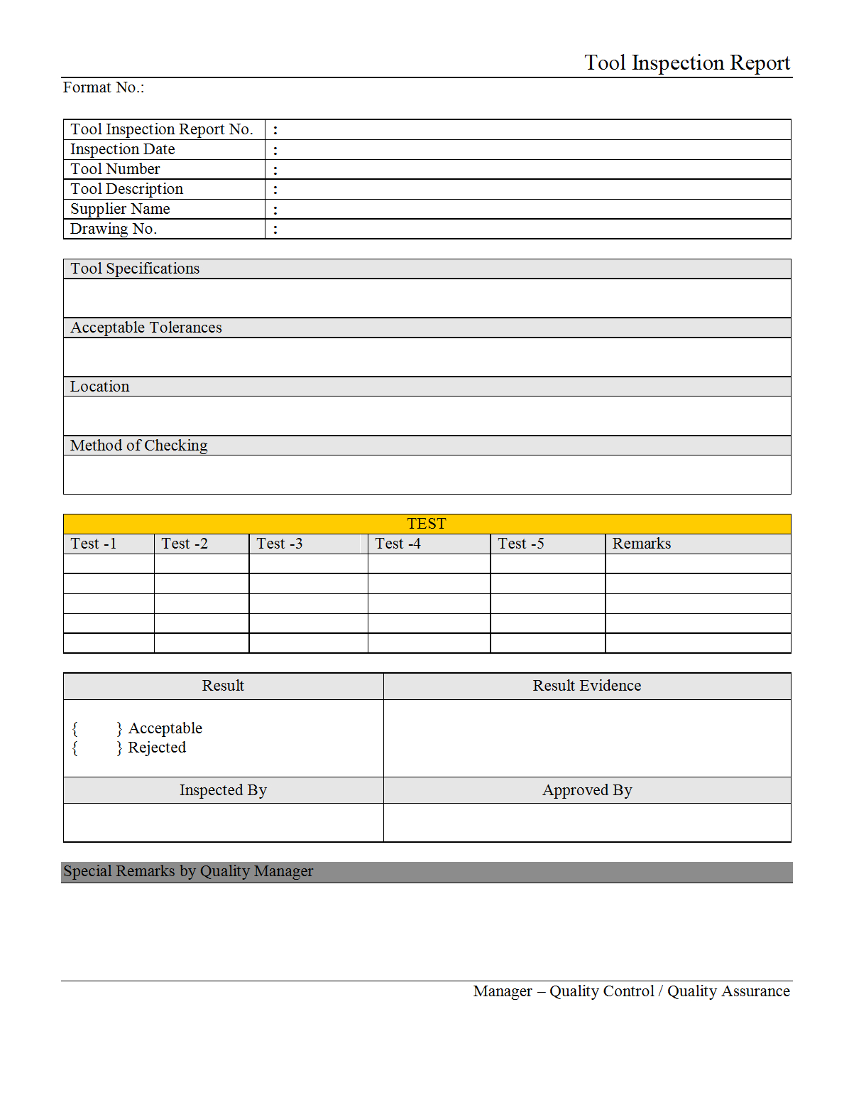 Tool Inspection Report – Inside Engineering Inspection Report Template