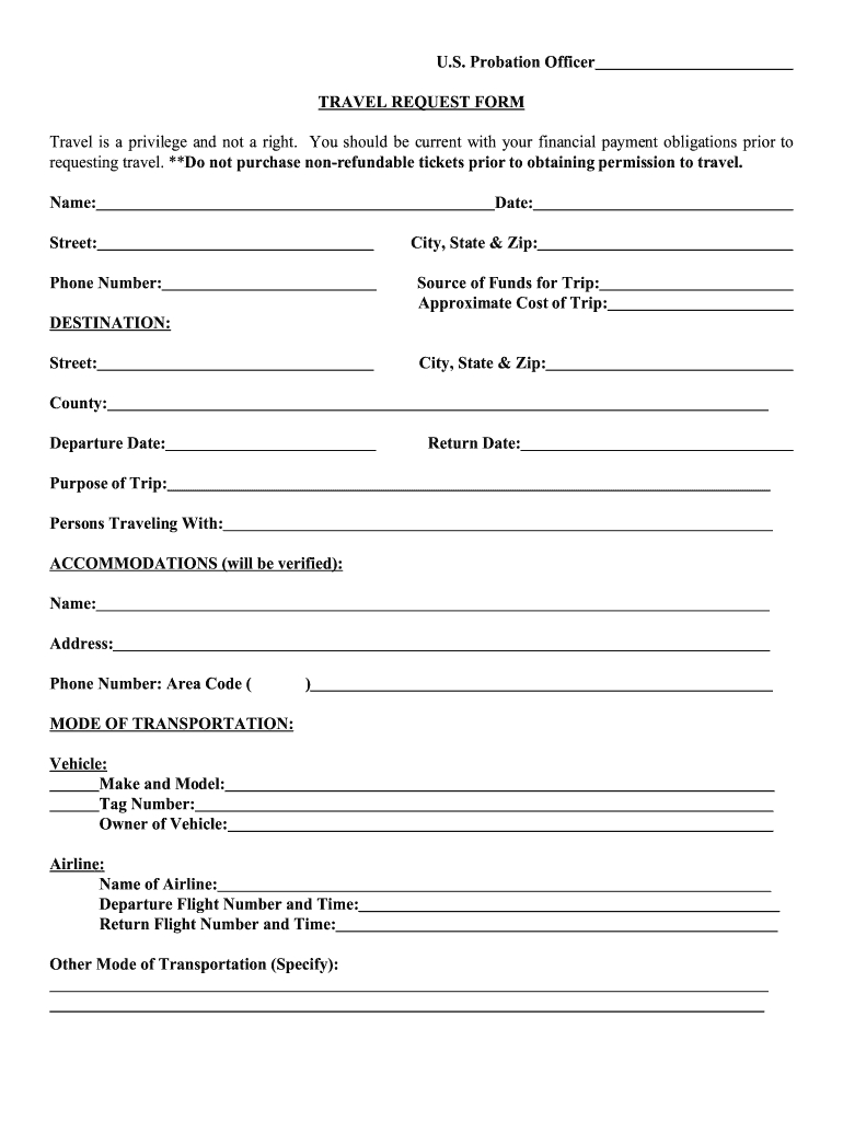Us Federal Probation Travel Form – Fill Online, Printable With Regard To Travel Request Form Template Word