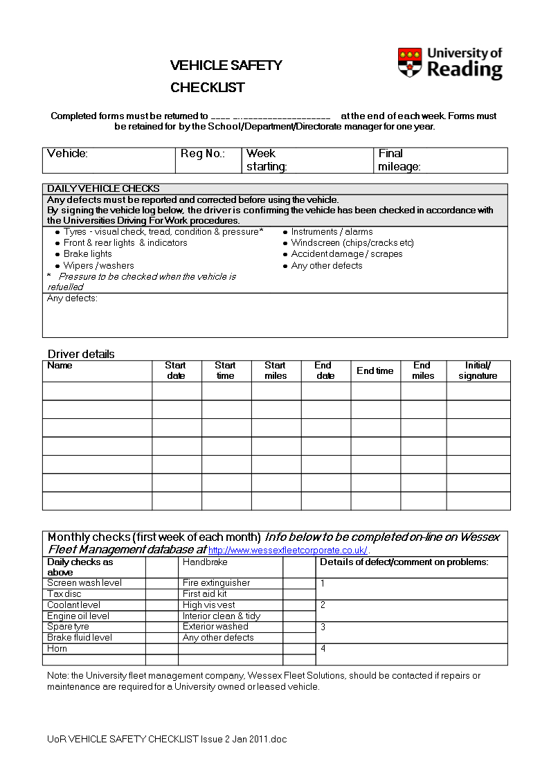 Vehicle Safety Checklist Word | Templates At With Regard To Vehicle Checklist Template Word