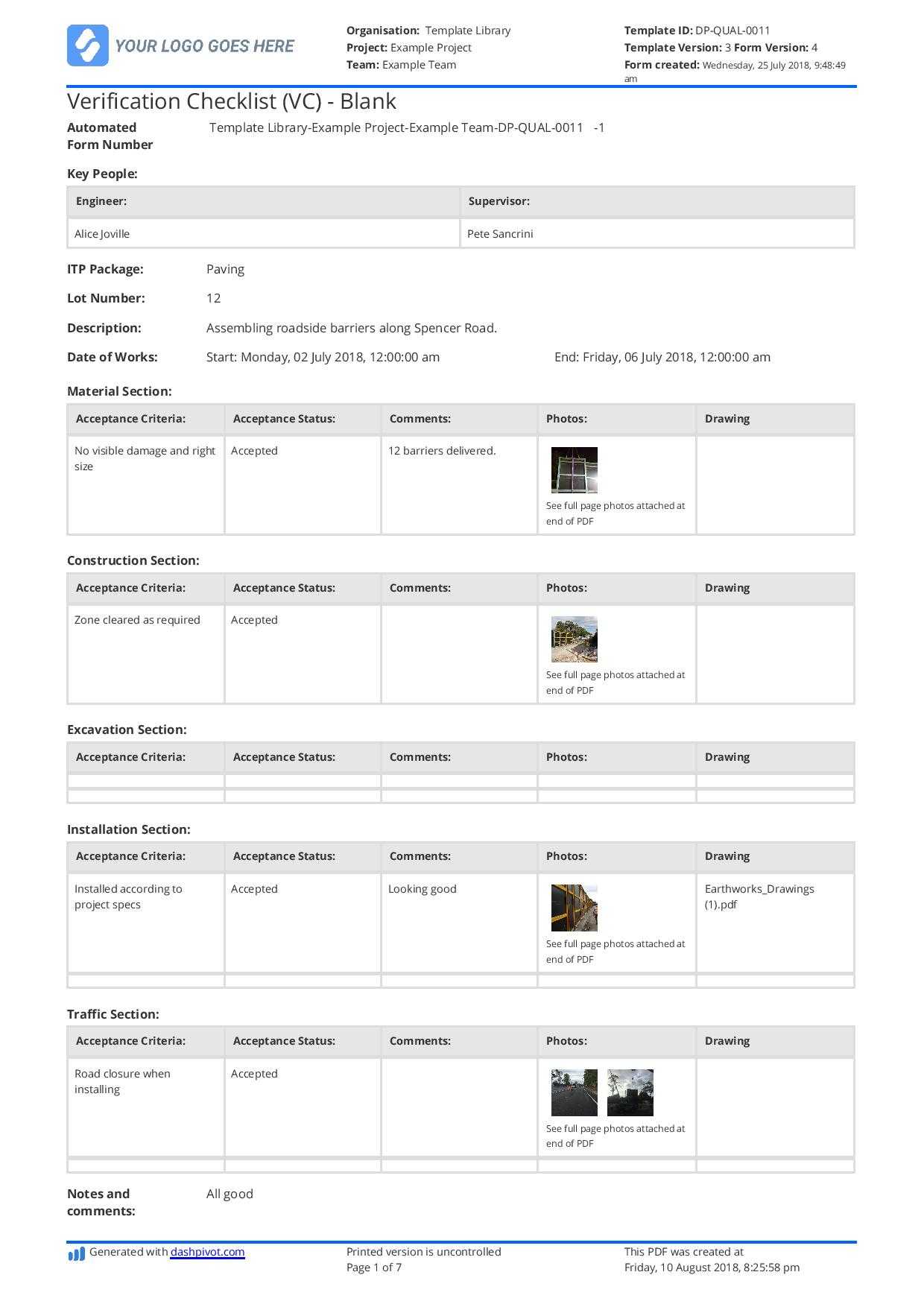 Verification Checklist Blank Template: Use This Vc Checklist Within Blank Checklist Template Pdf