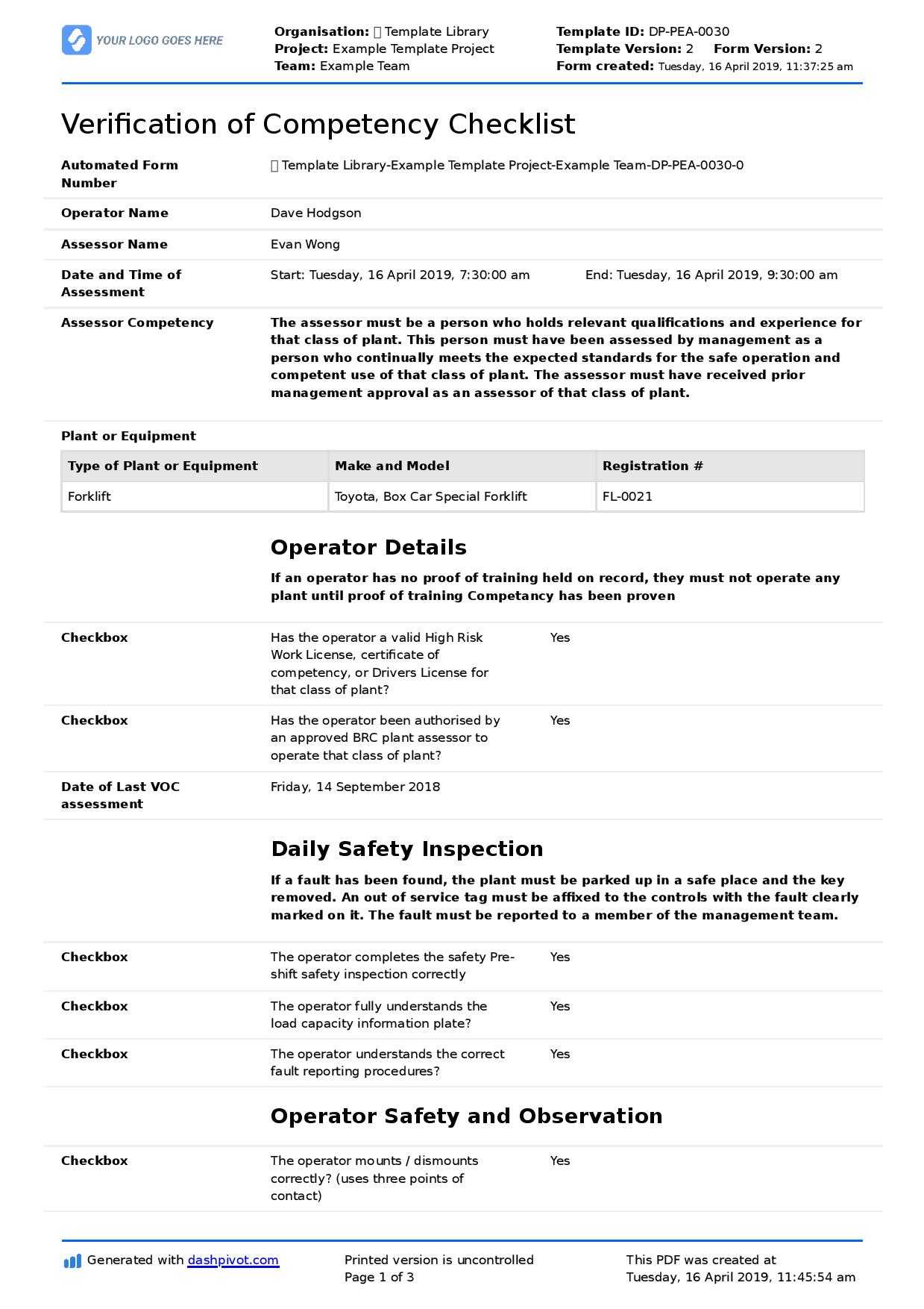 Verification Of Competency Template (Free And Editable Voc Form) Within Equipment Fault Report Template