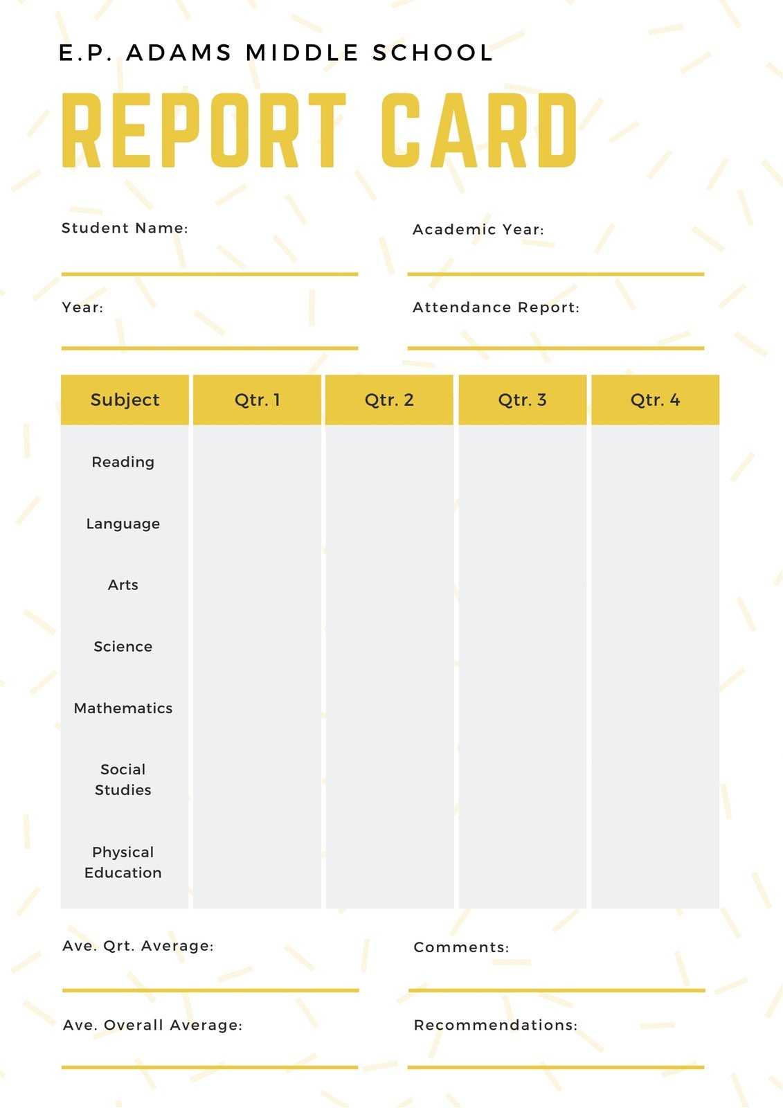 White And Yellow Simple Sprinkled Middle School Report Card Throughout Boyfriend Report Card Template