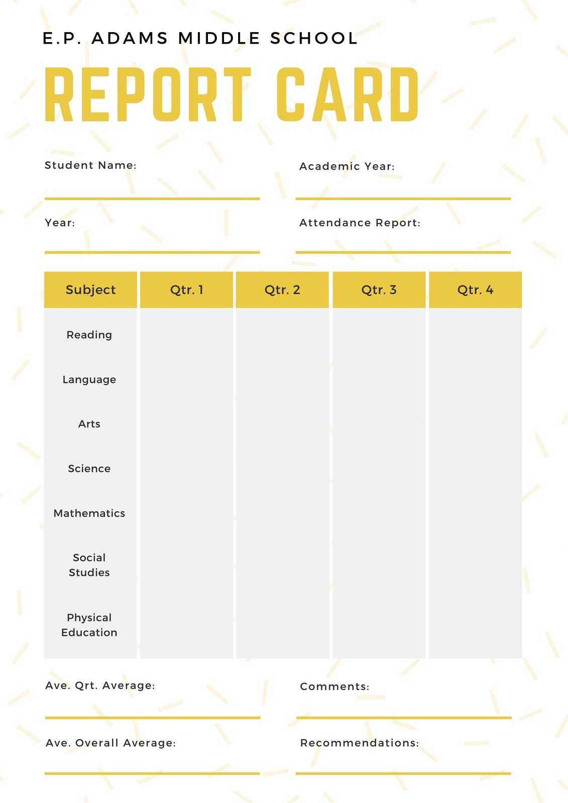 White And Yellow Simple Sprinkled Middle School Report Card With Regard To Report Card Template Middle School