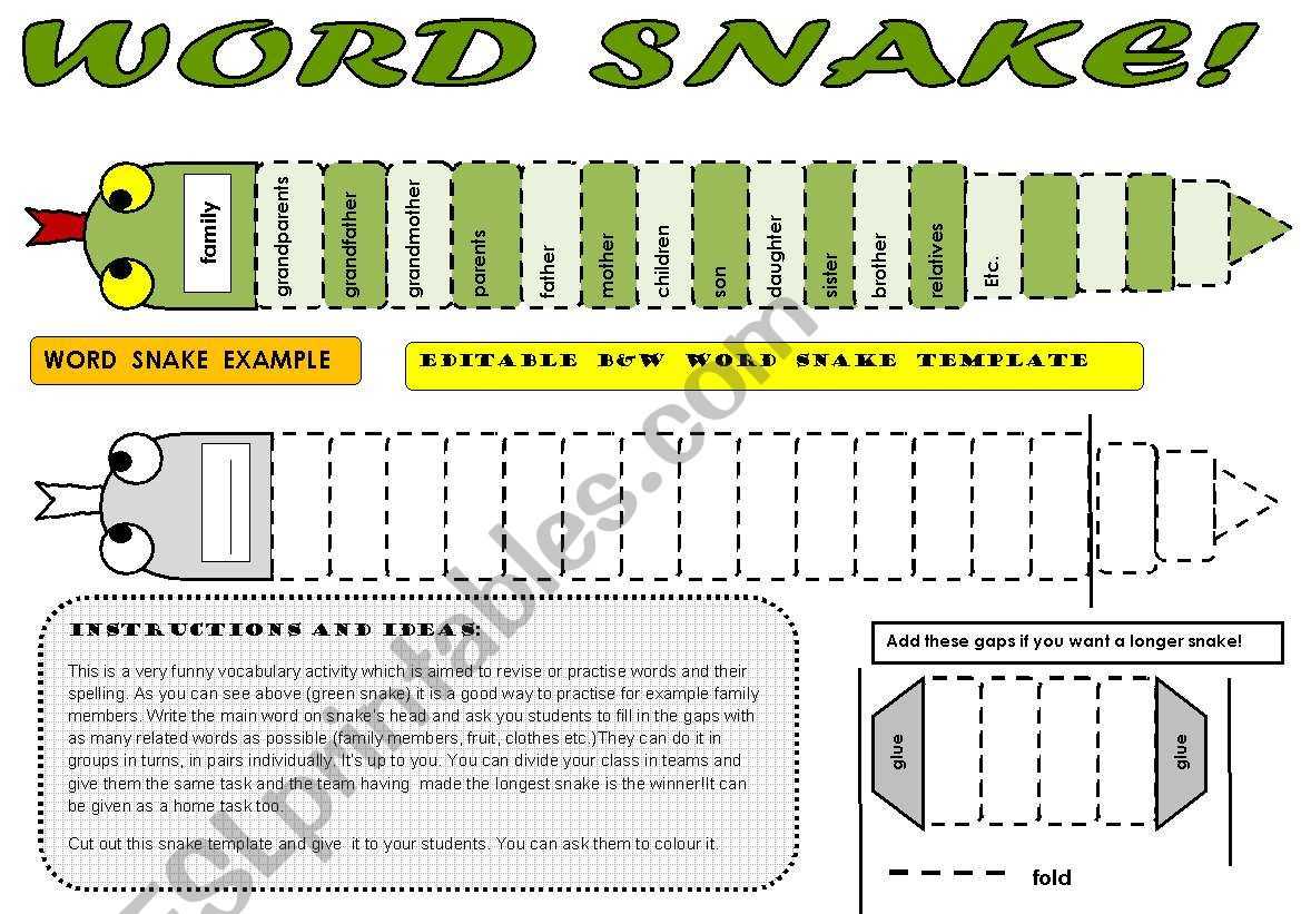 Word Snake – Fun Vocabulary Activity With Editable B&w With Vocabulary Words Worksheet Template