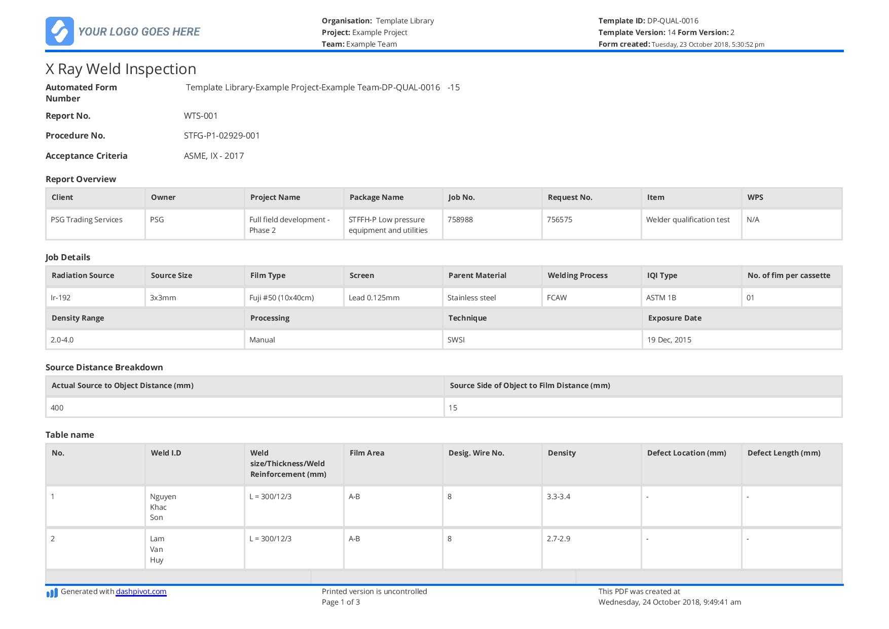 X Ray Weld Inpsection Template - Use And Customise For Free Regarding Welding Inspection Report Template